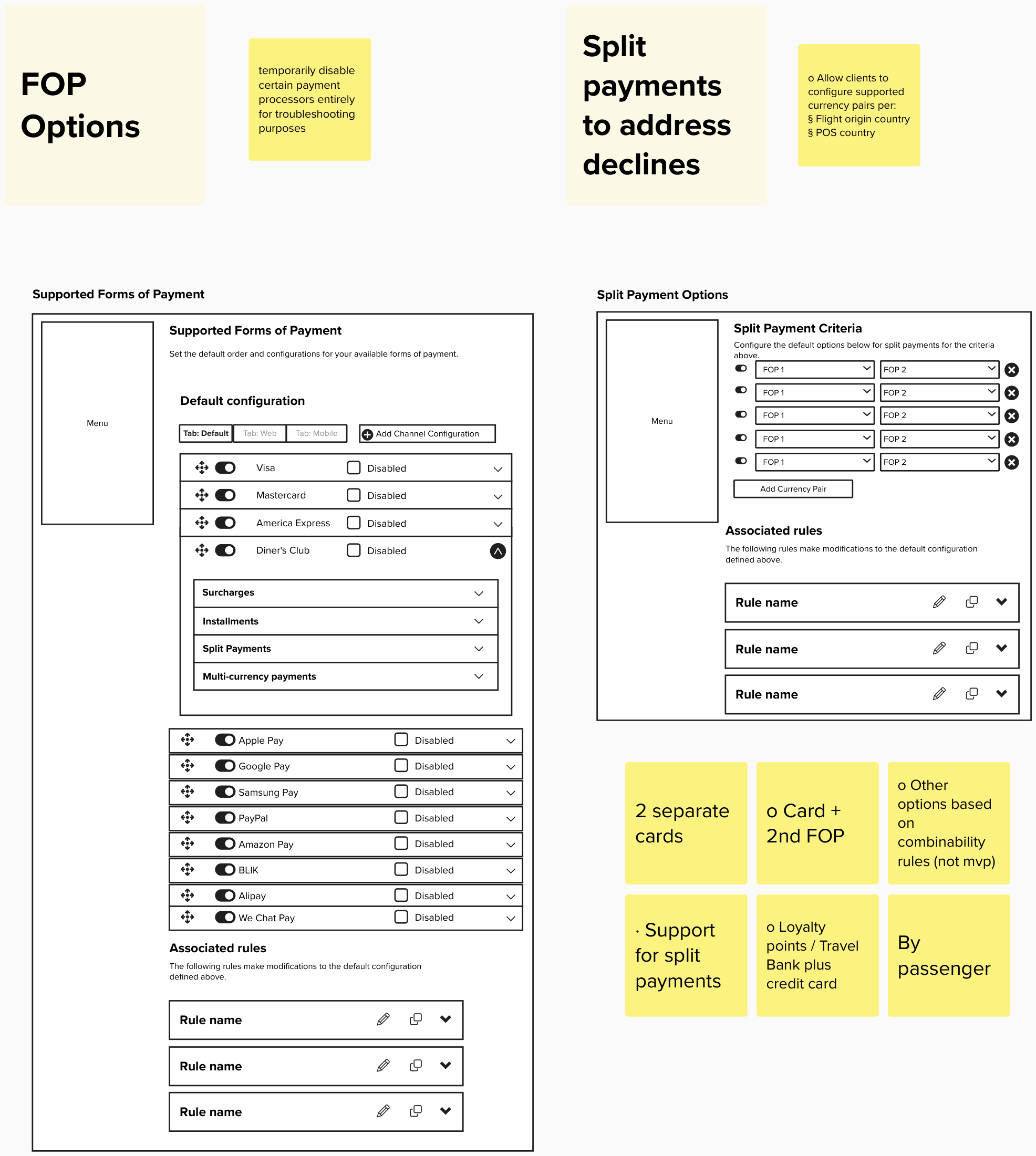 Forms of payment and split payment configuration screen
