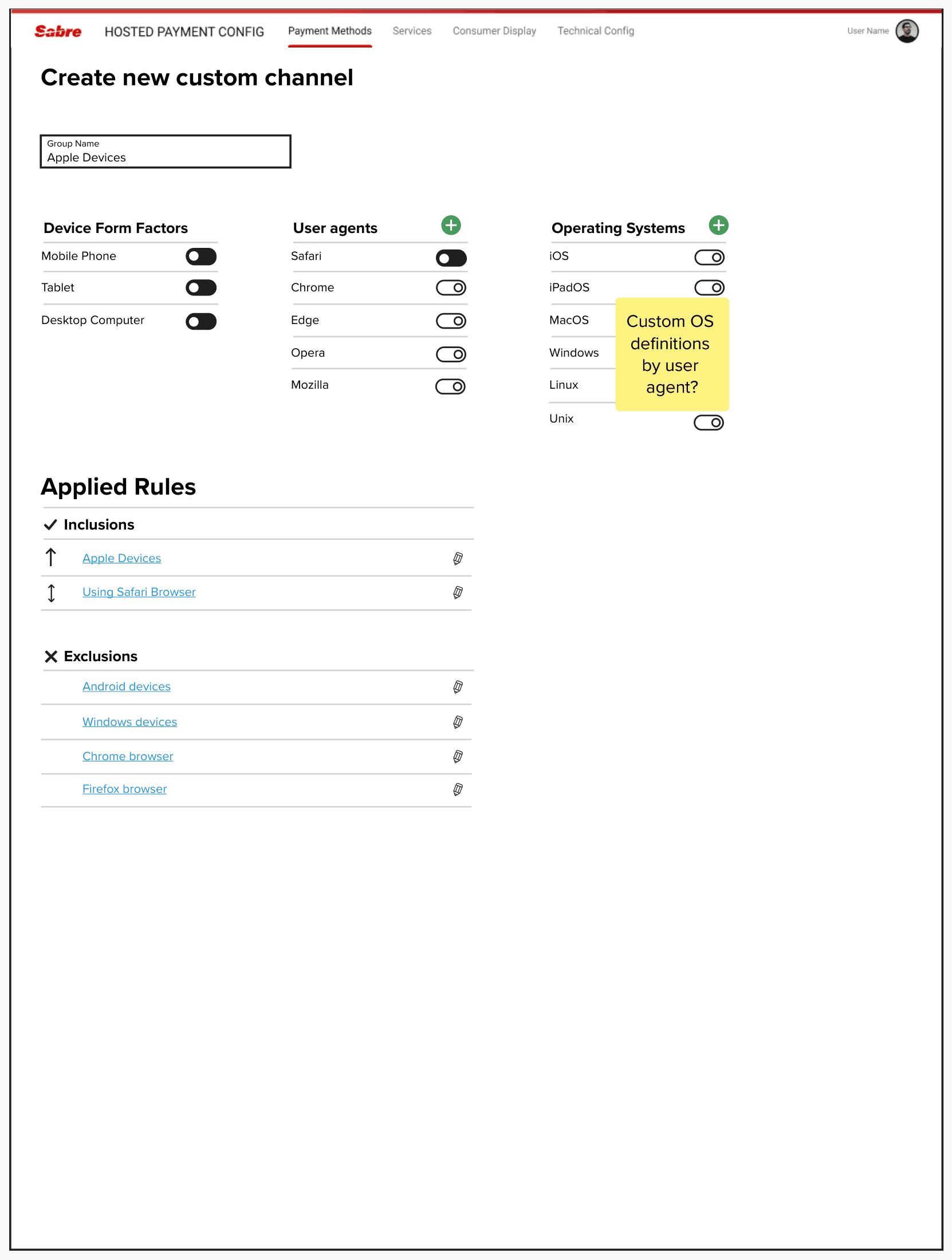 Create new custom channel screen by device form factor, user agent, and operating system