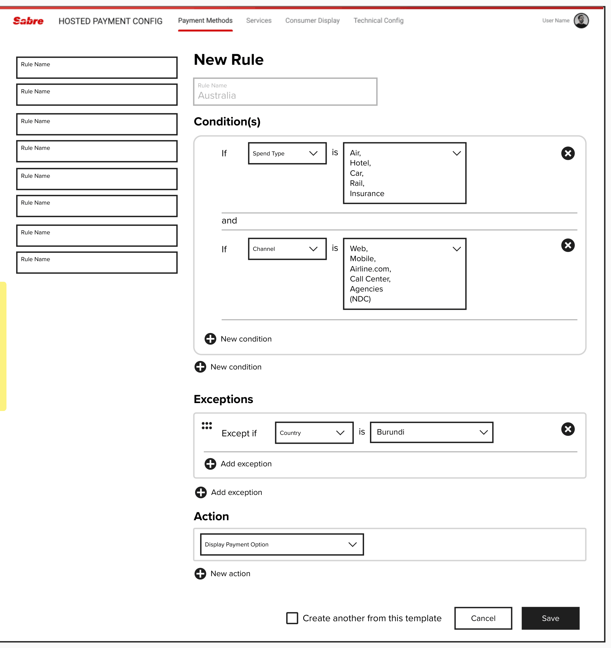 Rule builder screen with conditions, exceptions, and action