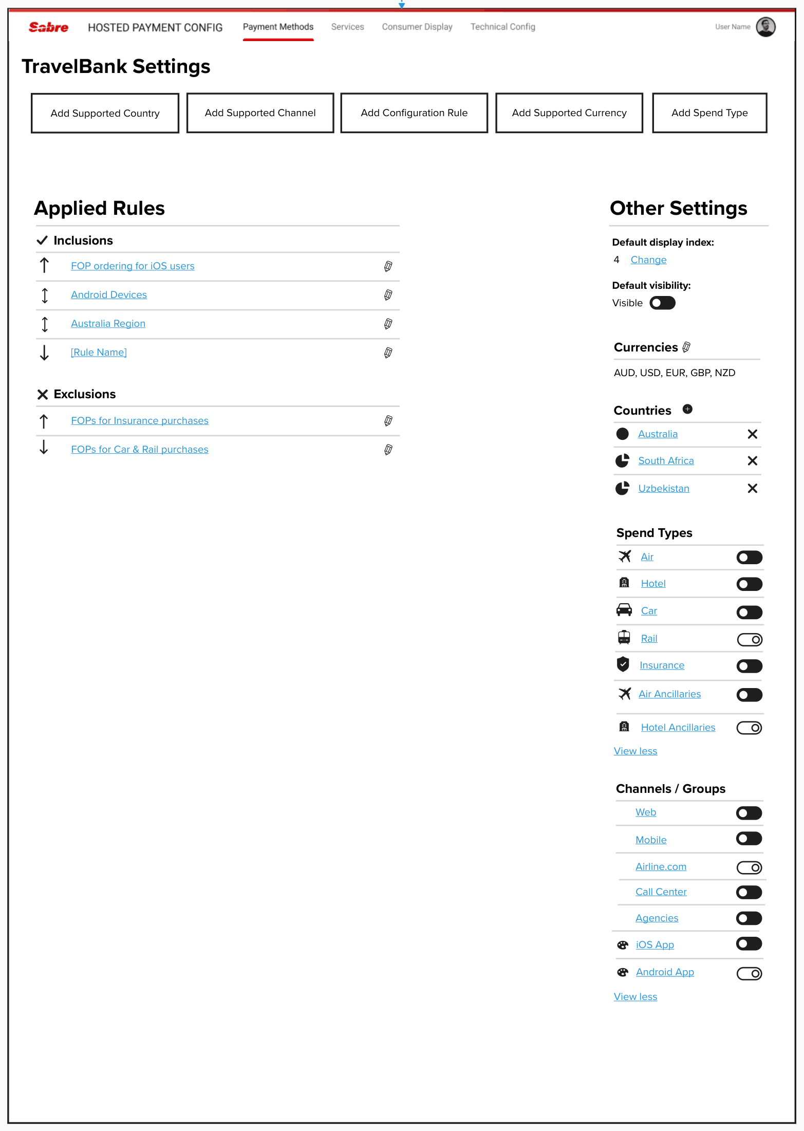 Per-form-of-payment settings screen with applied rules and coverage controls