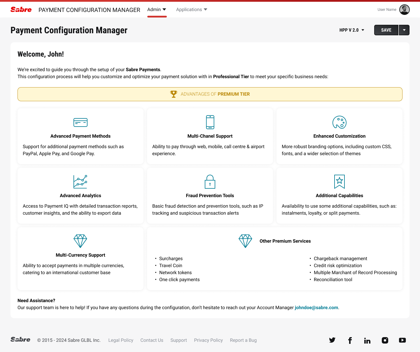 V1 — Payment Configuration Manager welcome screen with tiered feature overview