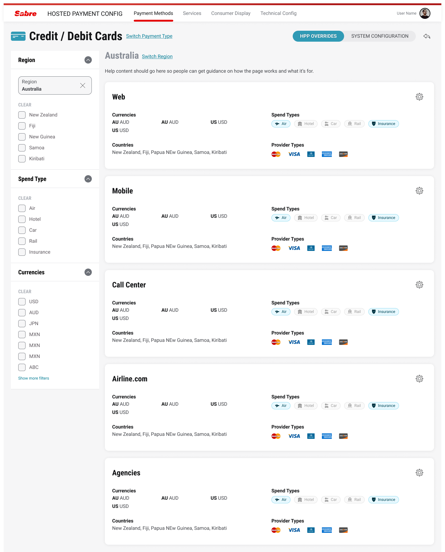 Iteration 2 — Credit/Debit Cards configuration by region with channel tabs for Web, Mobile, Call Center, Airline.com, and Agencies
