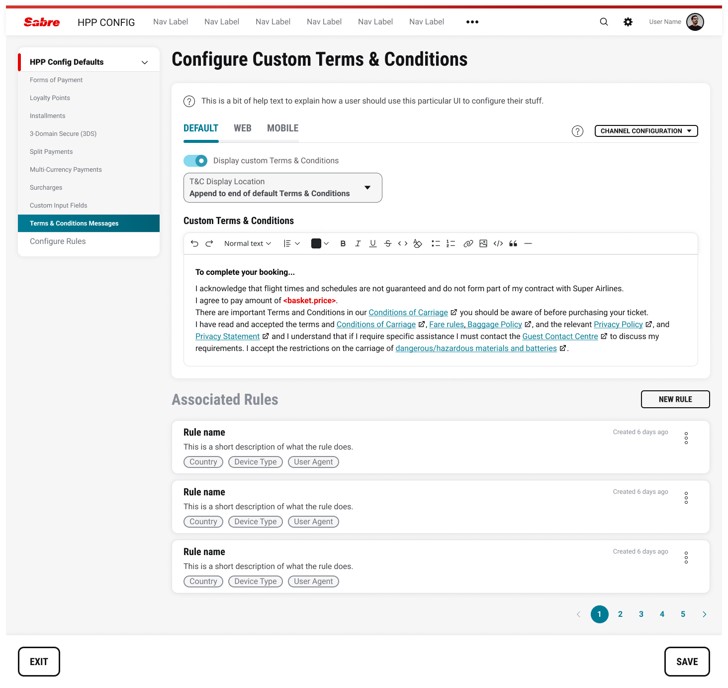 Terms and conditions configuration screen with rich text editor and display rule controls
