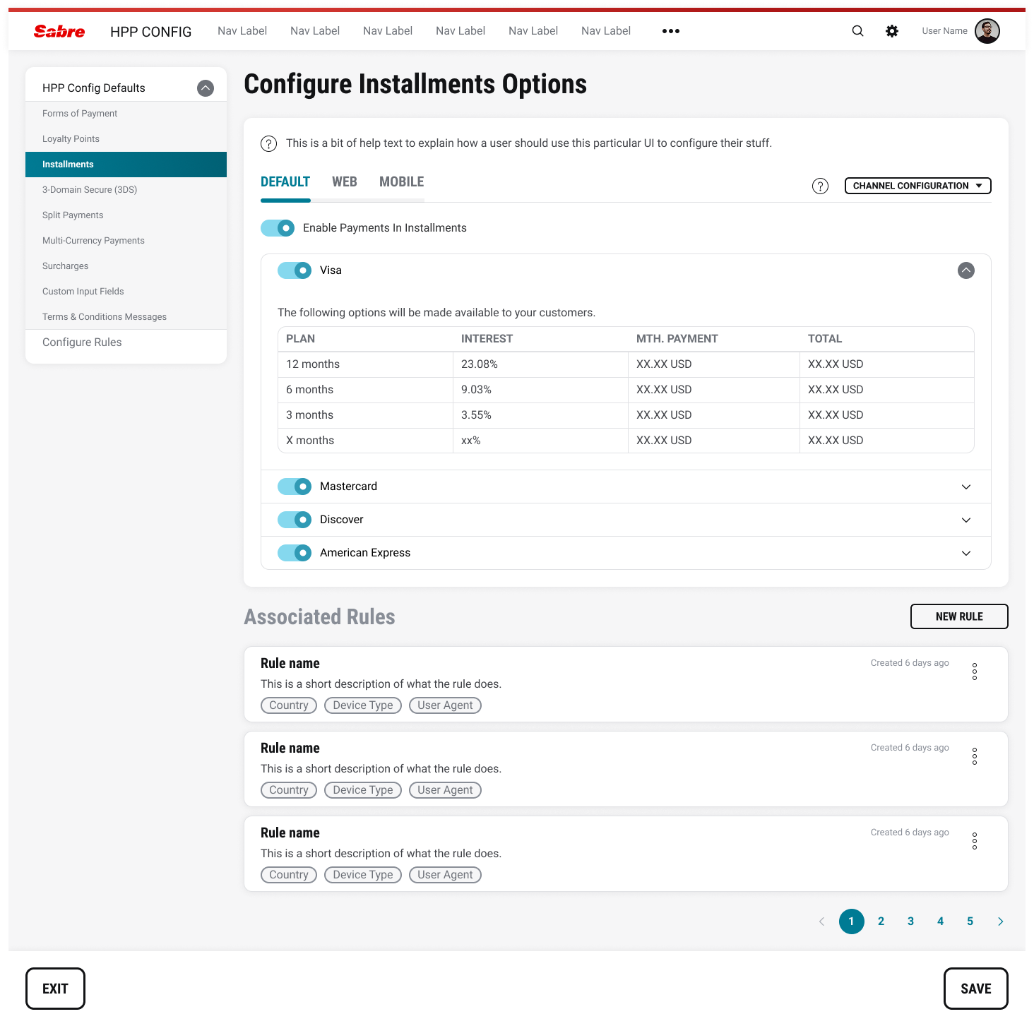 Installments configuration screen showing plan rates by card provider