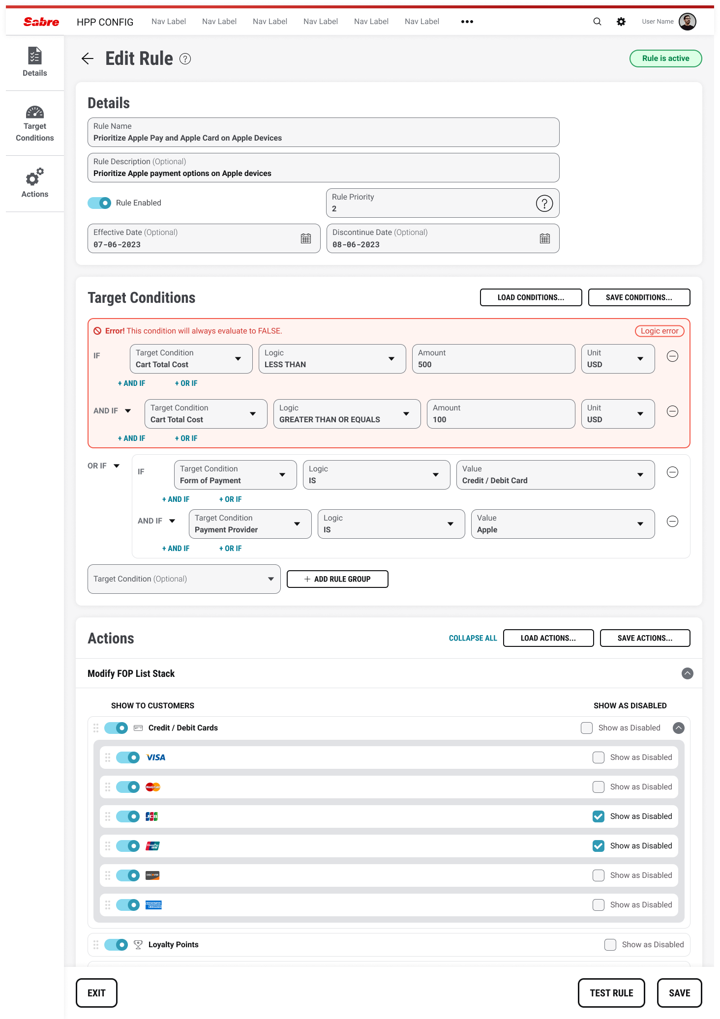 HPP Configuration Manager — Strategies and Rules dashboard showing active strategies and rules with condition tags
