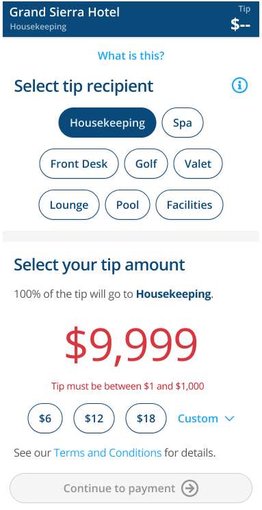 Choose Tip with custom amount out of range — $9,999 shown in red with bounds message