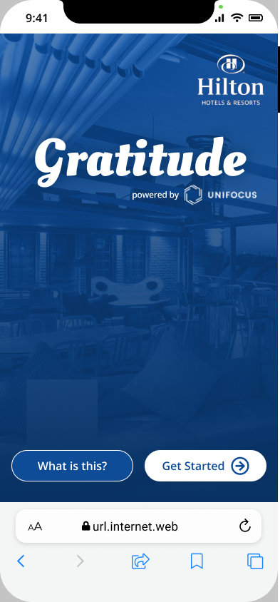 Refined v1 branded intro — Hilton-themed Gratitude splash screen