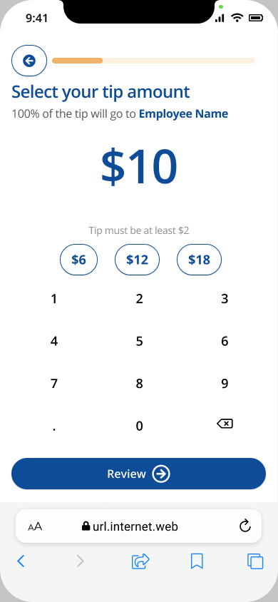Refined v1 Choose Tip screen — progress bar, $10 readout, $6/$12/$18 presets, numeric pad