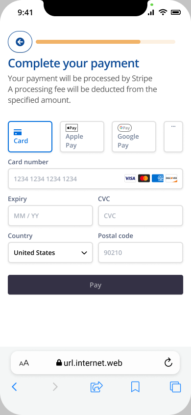 Payment screen — Stripe-native card, Apple Pay, and Google Pay options