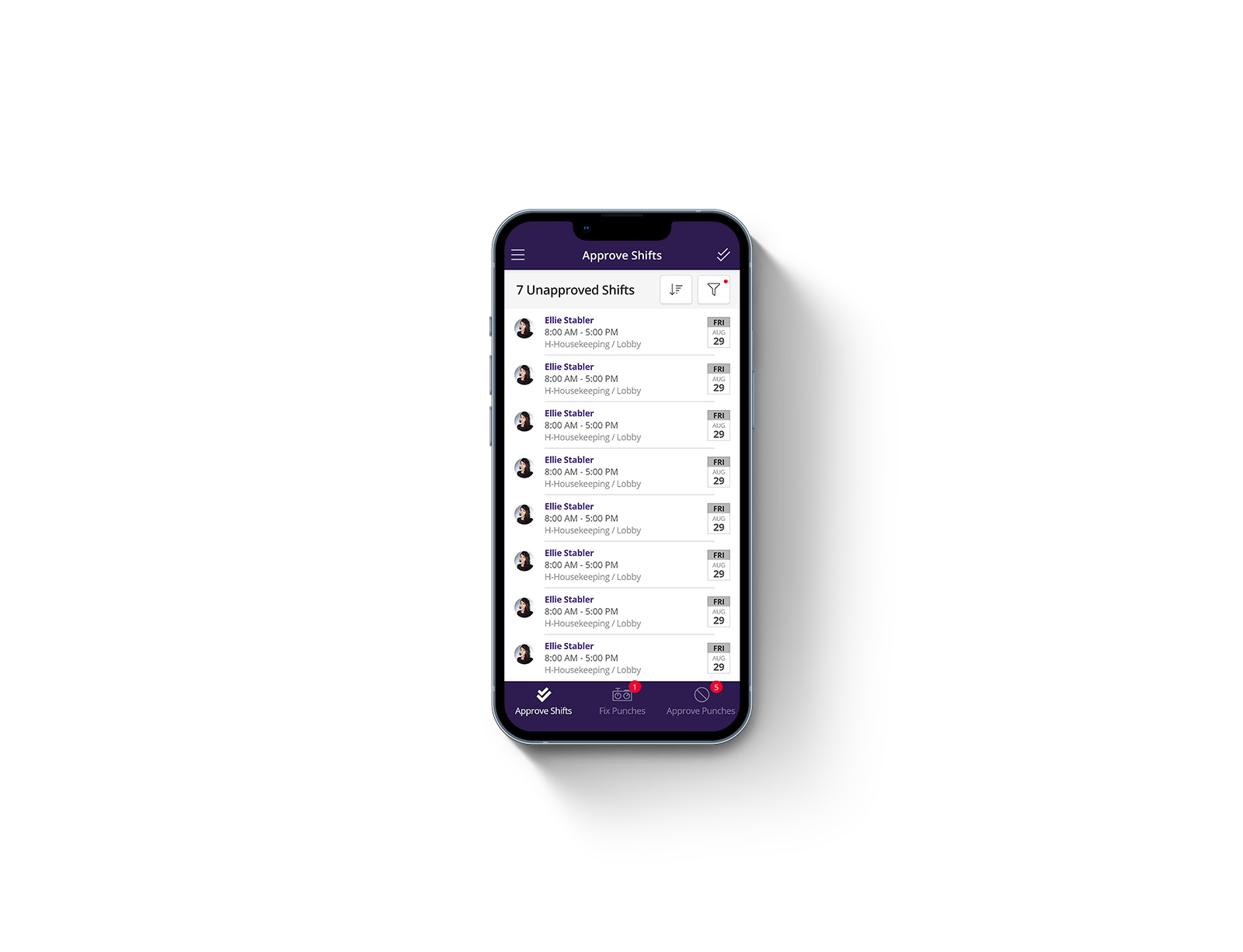 Approve Shifts — mobile home screen with pending approvals list