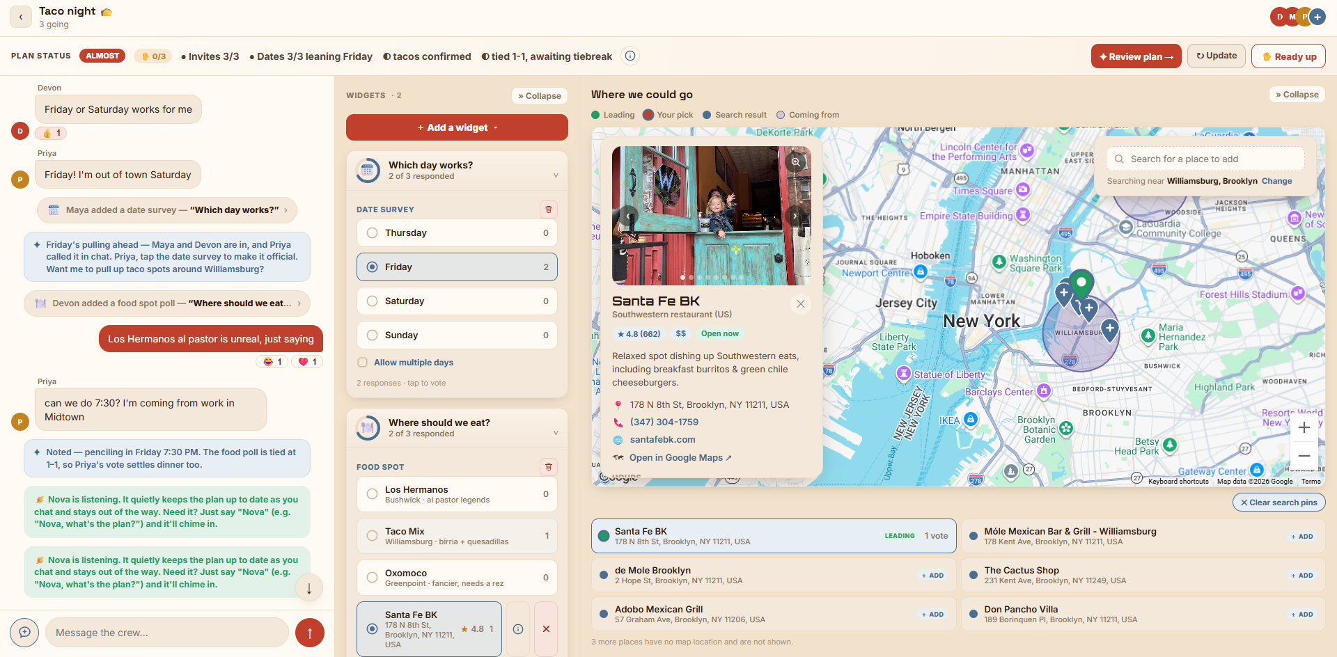 Planet4 on desktop — Taco night chat with date and food-spot widgets beside a map of Brooklyn taco spots