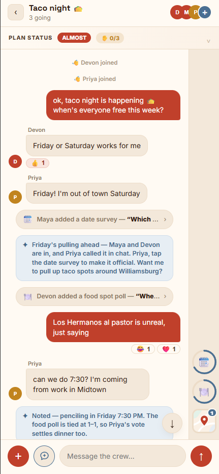 Planet4 group chat on mobile with date survey and food poll cards inline