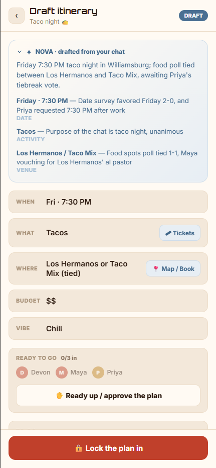 Planet4 draft itinerary on mobile — Nova's summary with when, what, where, budget, and vibe, and a Lock the plan in button
