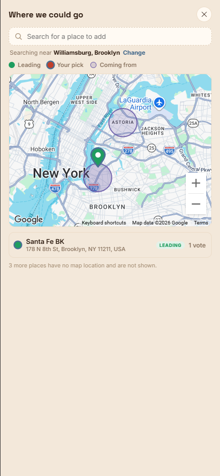 Planet4 place picker on mobile — a map of candidate spots with the leading vote highlighted